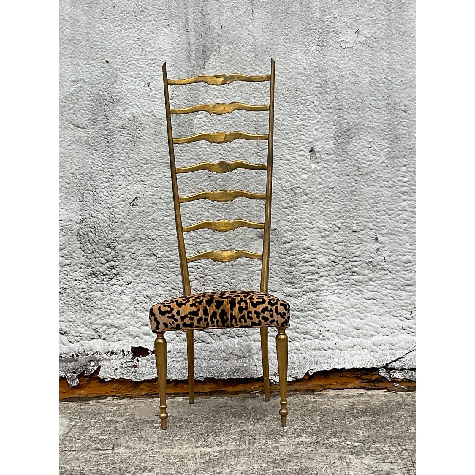 A fabulous vintage Boho Ladderback chair. Done in the style of Gio Ponti. Fully reupholstered in a leopard velvet. Acquired from a Palm Beach estate.