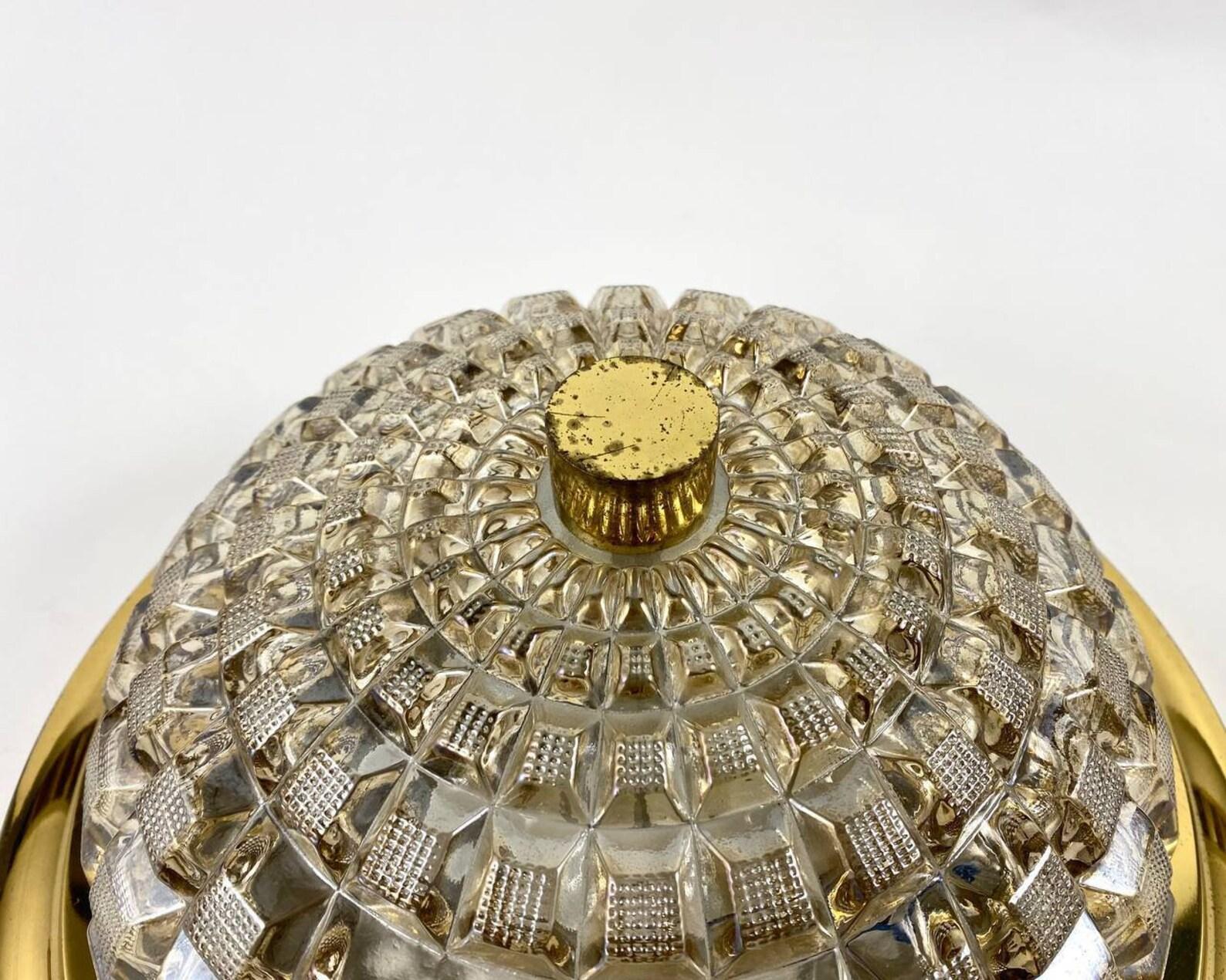Mid-Century Modern Vintage Gilt Metal and Cut Glass Flush Mount For Sale