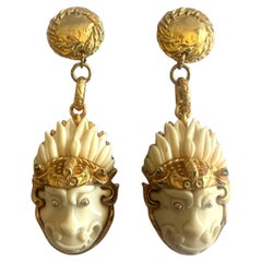 Vintage Gilt-Metal and Galalith Carved White Dragon Earrings 