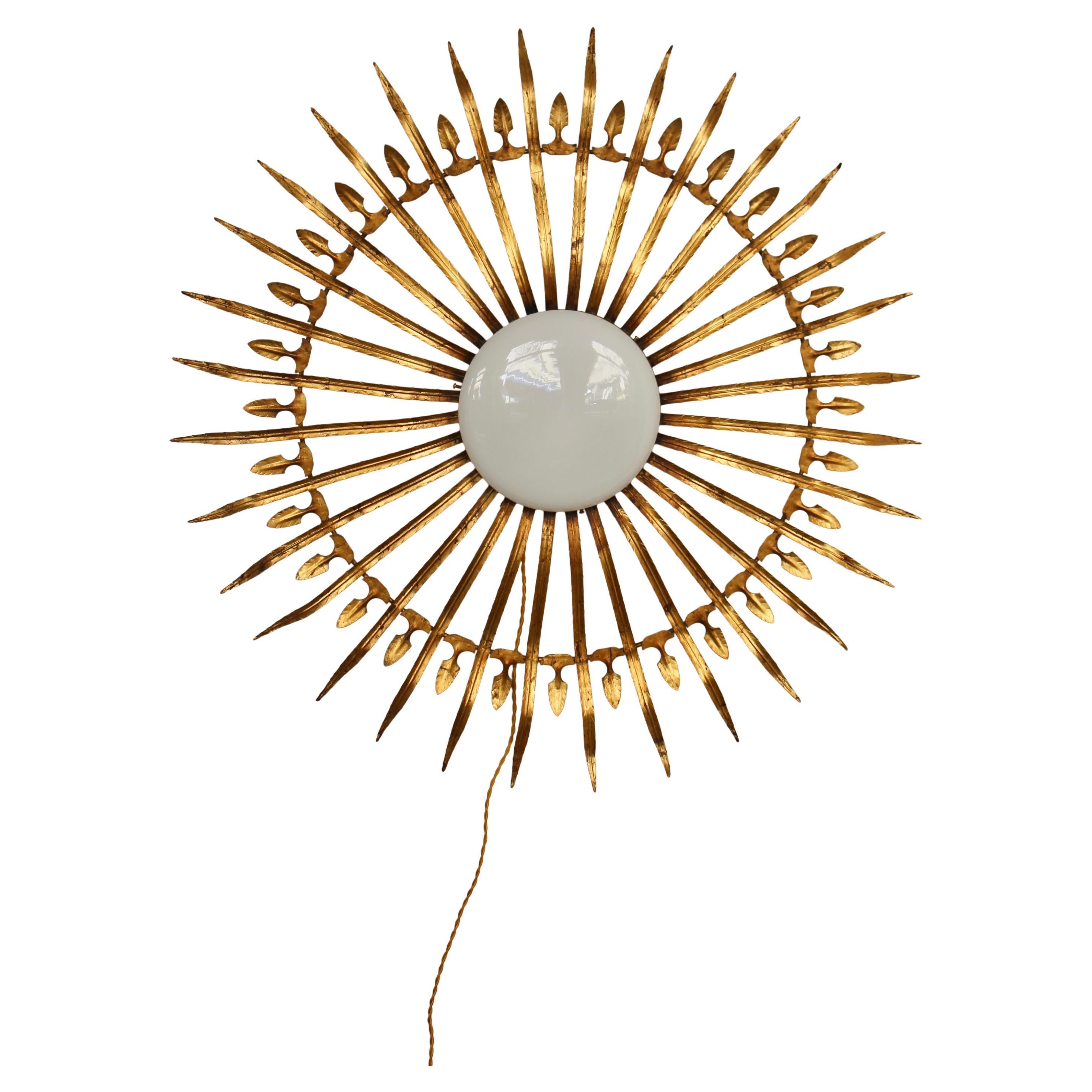 Vintage Gilt Metal and Opaline Sunburst Wall Sconce, France, 1960 For Sale
