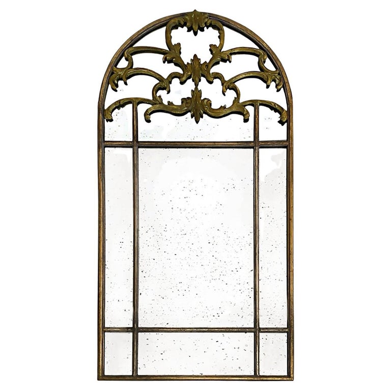 Vintage Gilt Metal Arched Framed Mirror with Aged Glass For Sale at 1stDibs