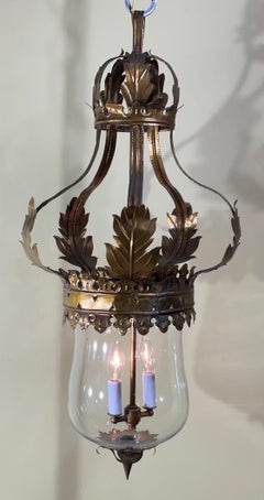 Vintage Gilt Metal Crown Bell Glass Pendant Chandelier Lantern