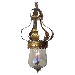 Vintage Gilt Metal Crown Bell Glass Pendant Chandelier Lantern