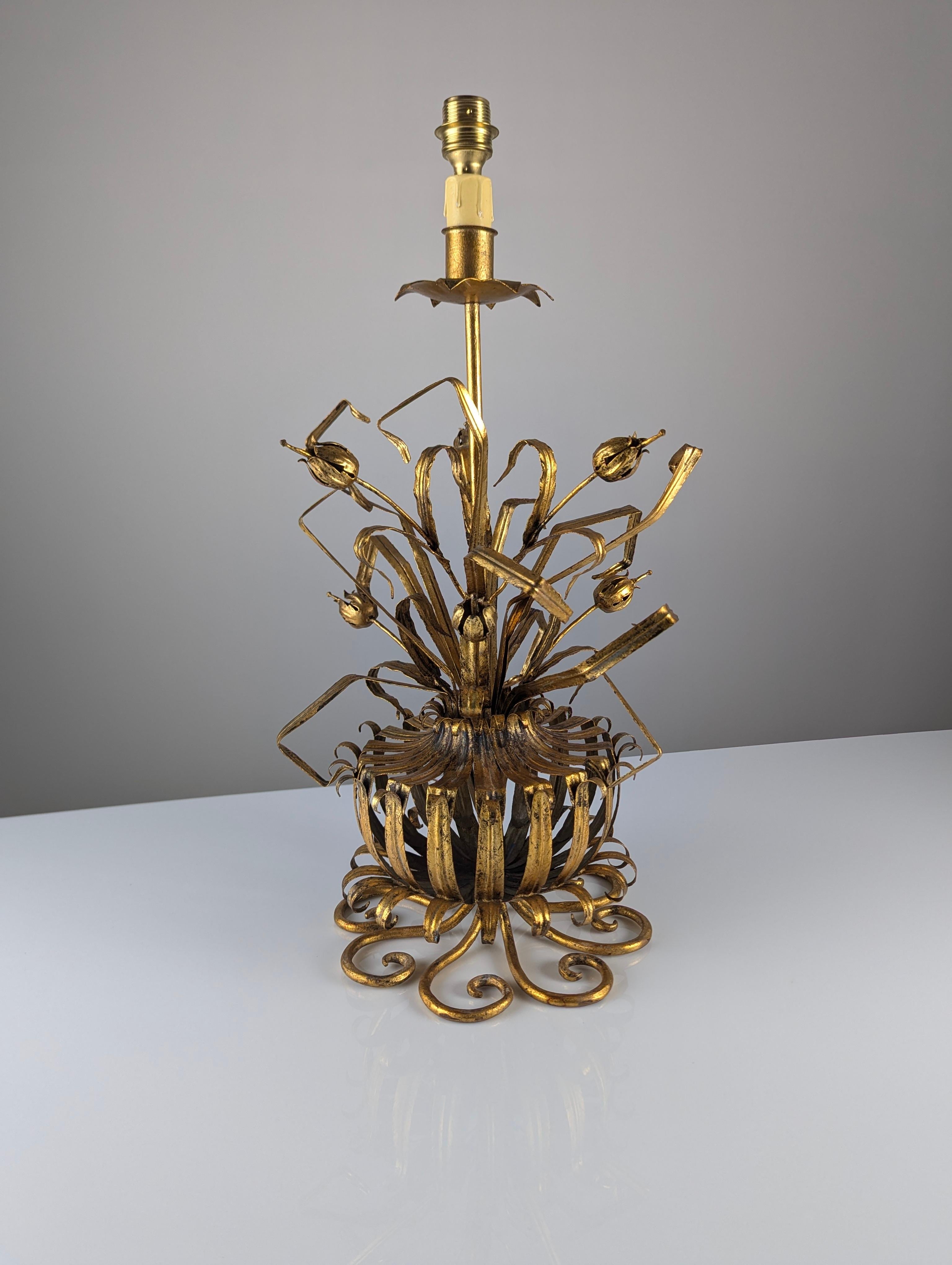 European Vintage gilt metal floral lamp, 1960s For Sale