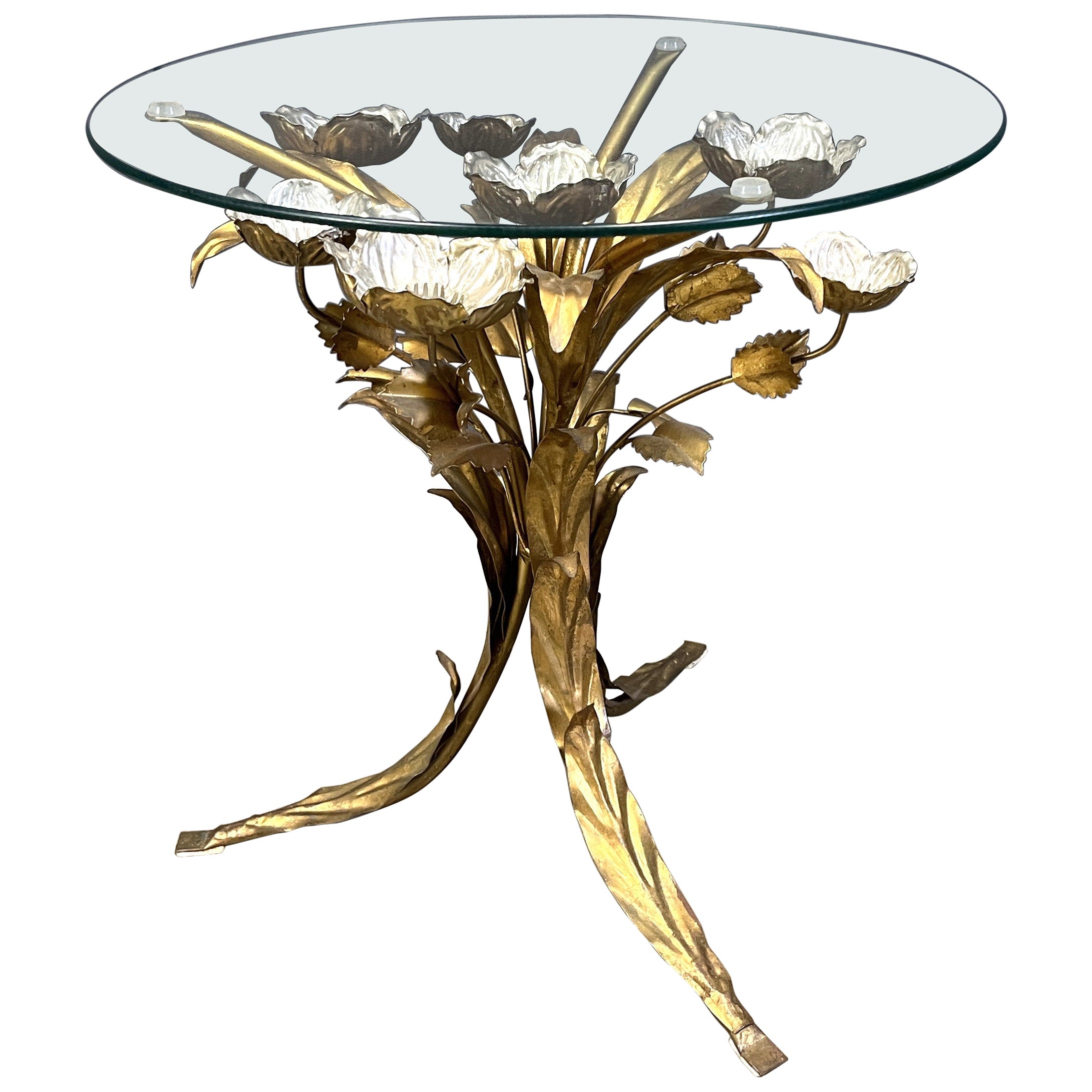 Vintage gilt metal flower side table, 1960s For Sale