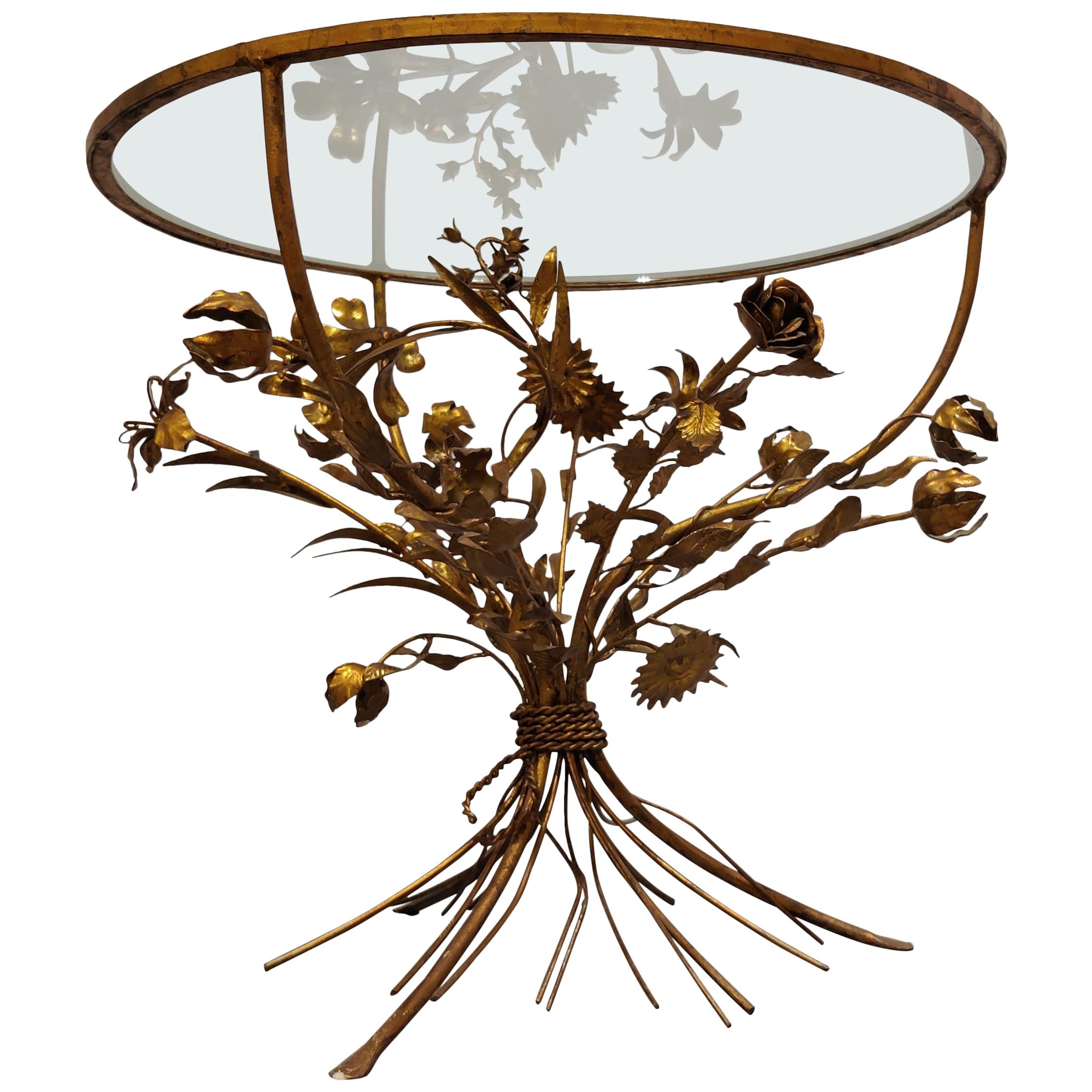 Vintage Gilt Metal Flower Side Table, Italy, 1960s