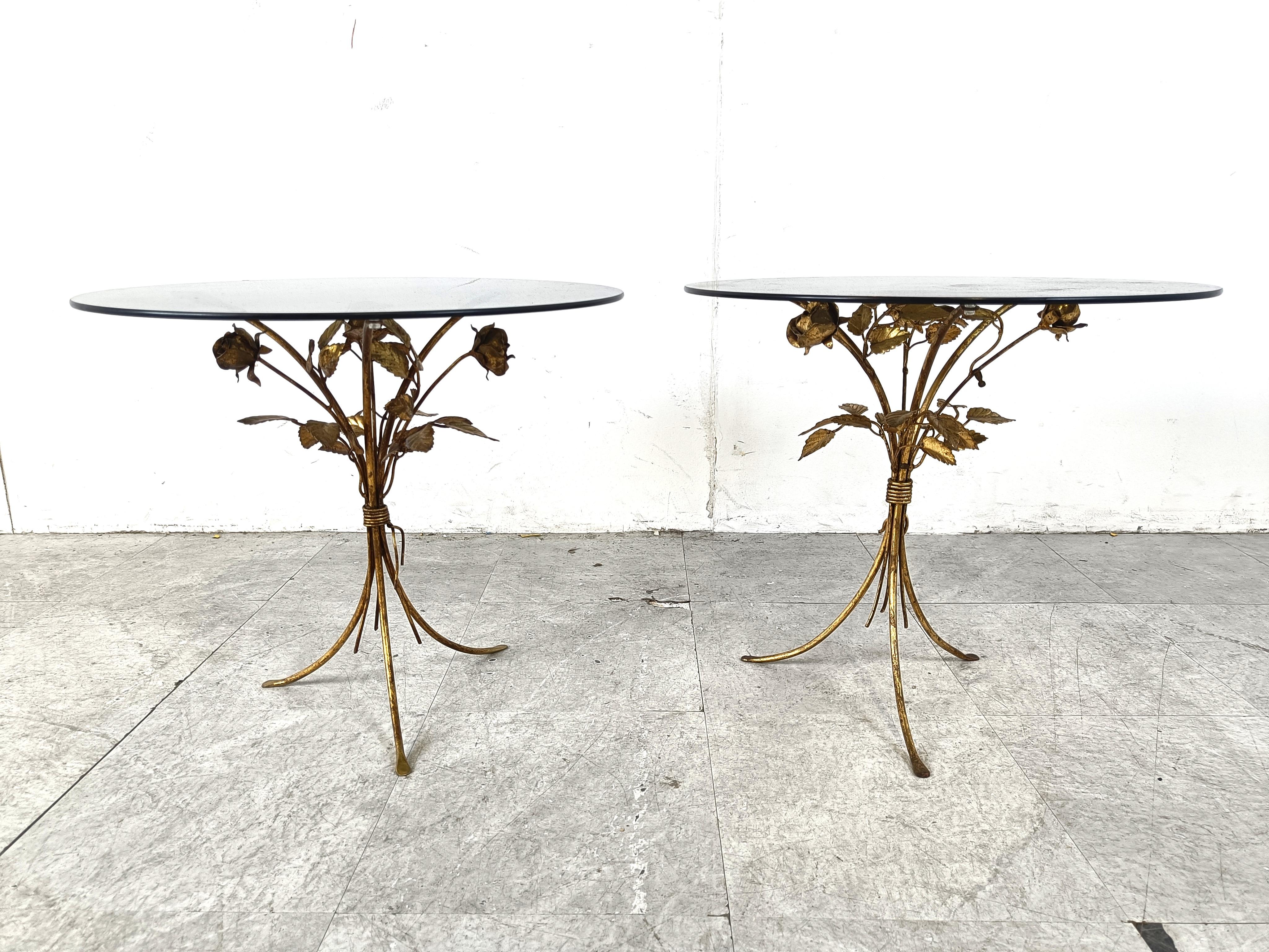 Italian Vintage gilt metal flower side tables, 1960s - set of 2