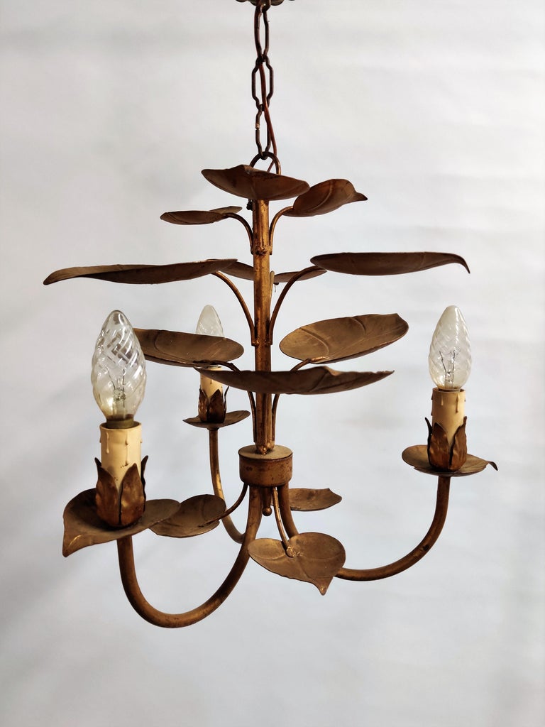 Vintage Gilt Metal Leaf Chandelier, 1950s For Sale at 1stdibs