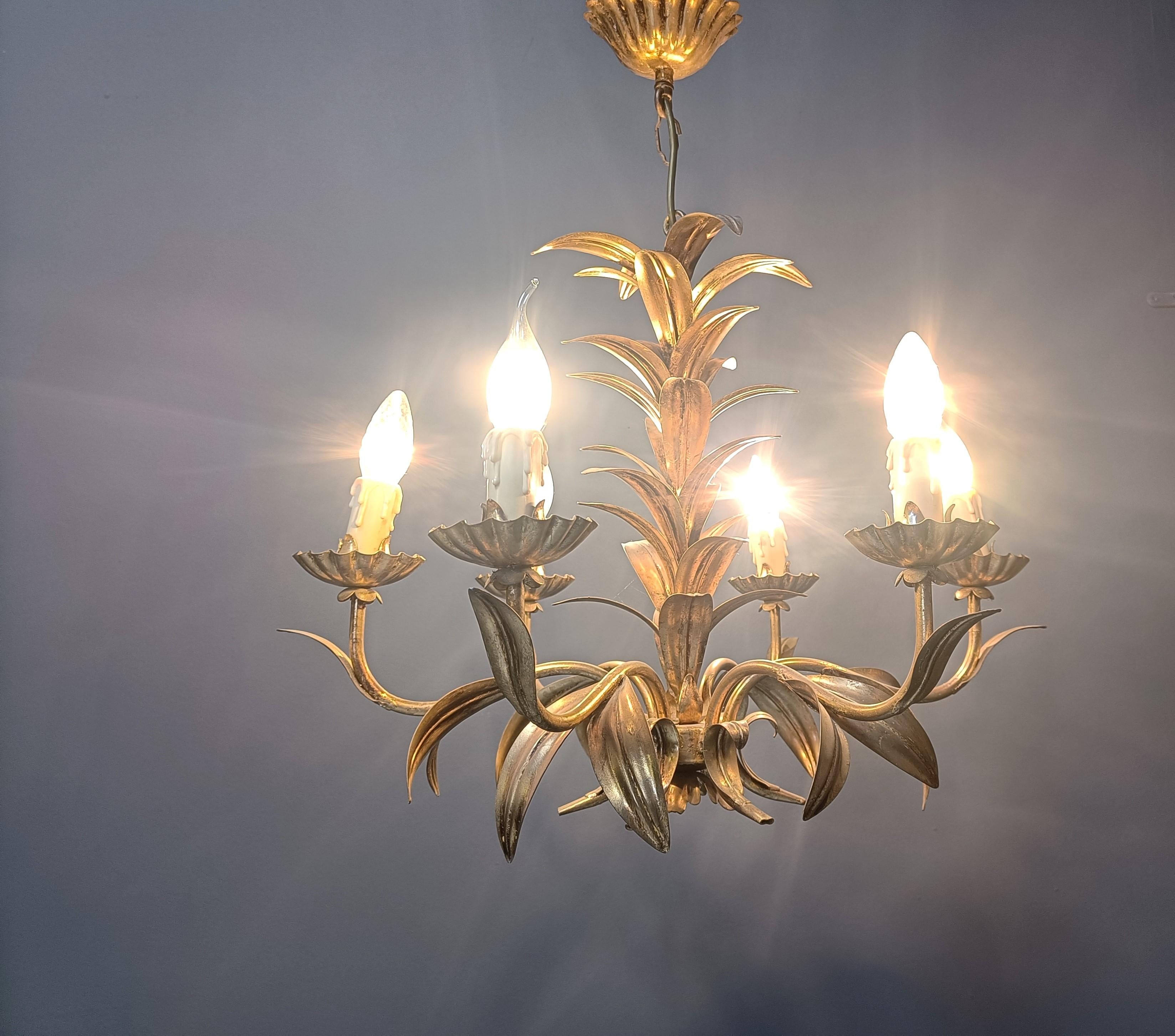 Metal Vintage gilt metal pineapple leaf chandelier, 1960s For Sale