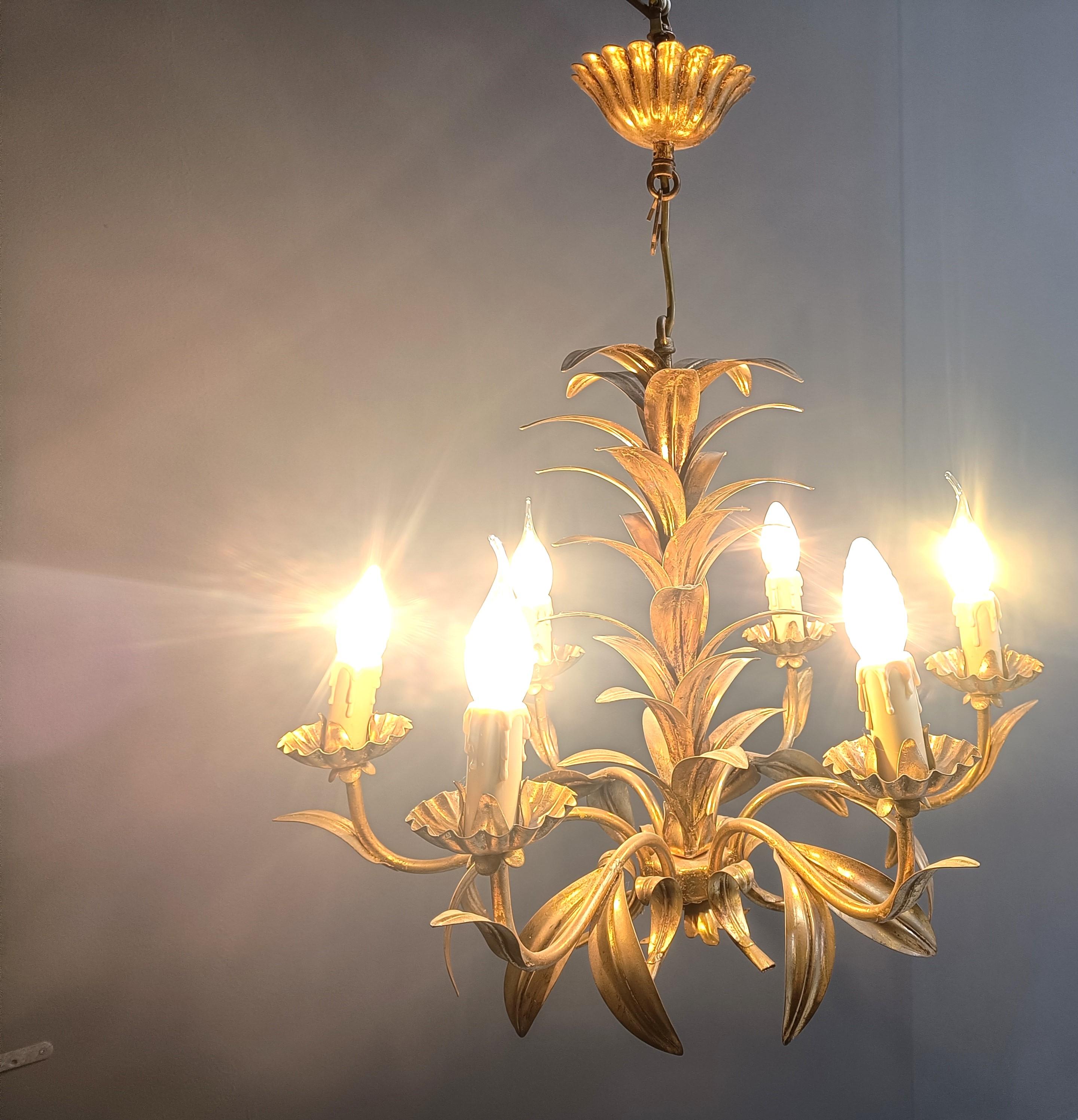 Vintage gilt metal pineapple leaf chandelier, 1960s For Sale 1