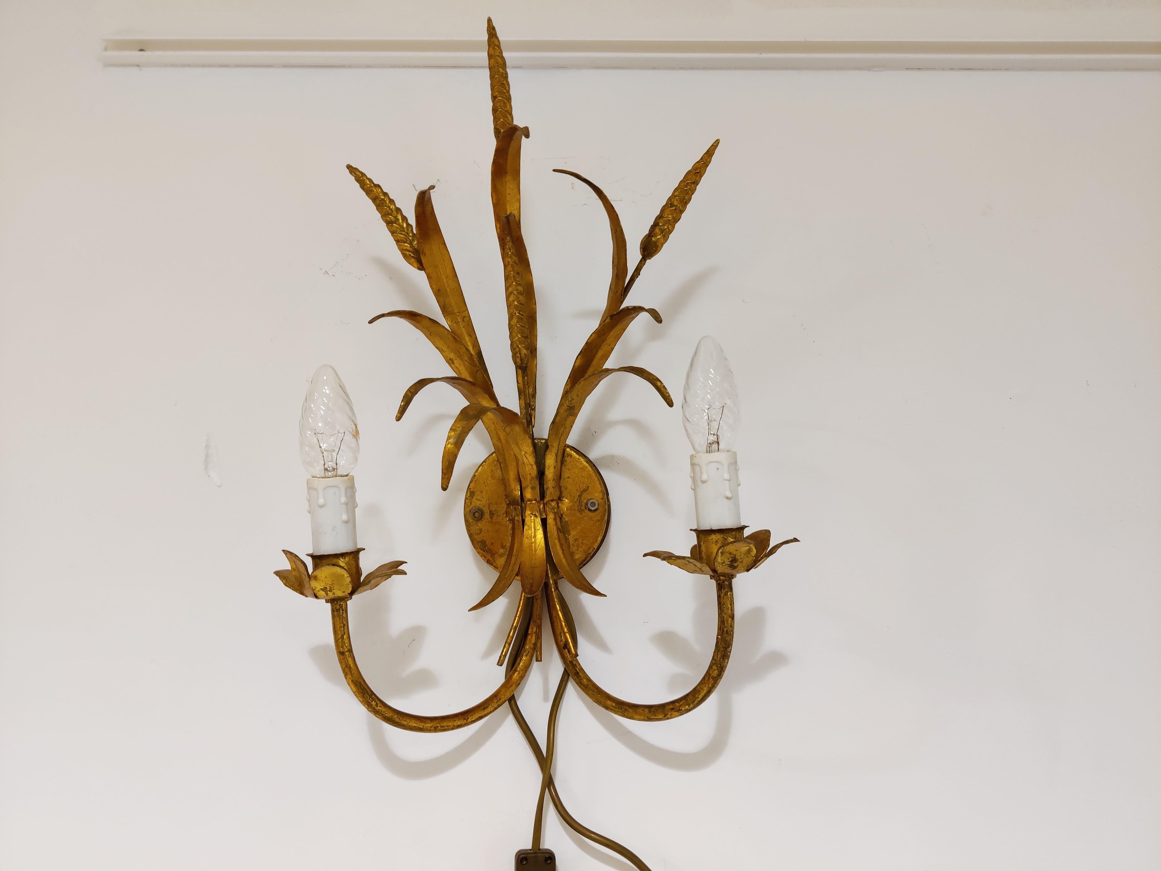 Vintage Gilt Metal Sheaf of Wheat Wall Lamps, 1960s  2