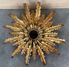 Vintage Gilt Metal Sunburst Ceiling Light for One Bulb