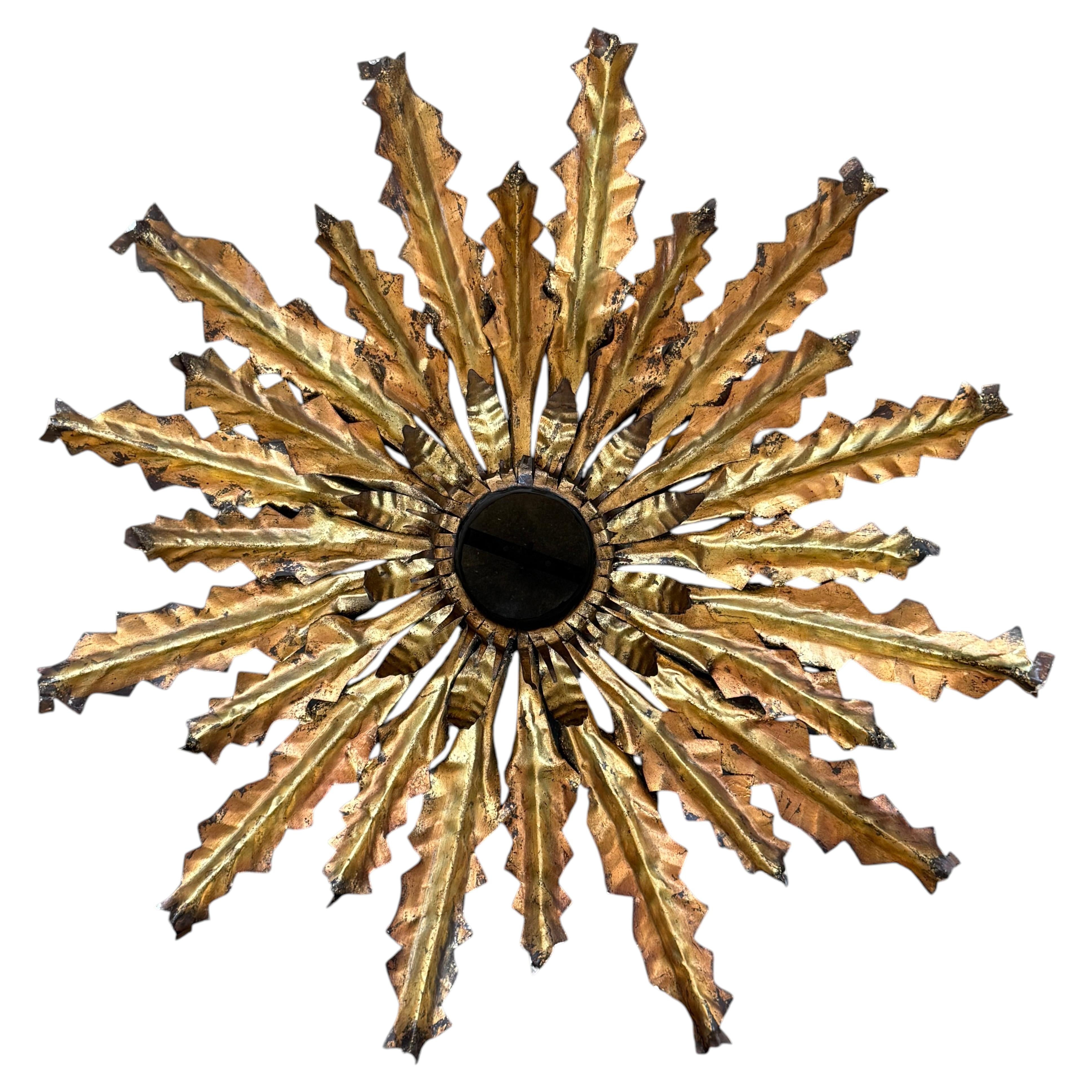 Vintage Gilt Metal Sunburst Ceiling Light for One Bulb For Sale