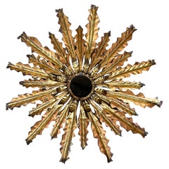 Vintage Gilt Metal Sunburst Ceiling Light for One Bulb