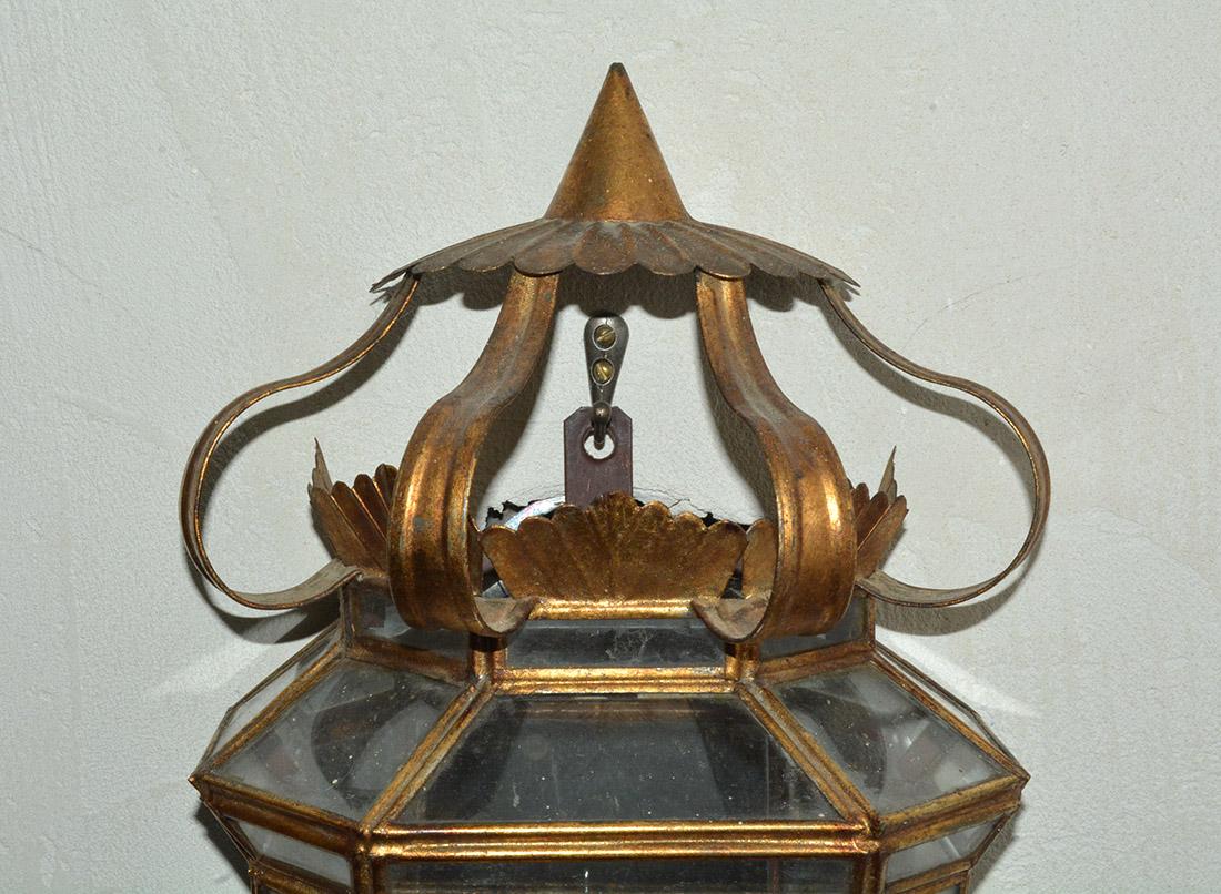 Hollywood Regency Vintage Gilt Mirrored Wall Light Lantern For Sale