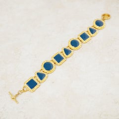 Anne Klein, bracelet vintage de formes géométriques en émail doré et bleu marine, années 1980