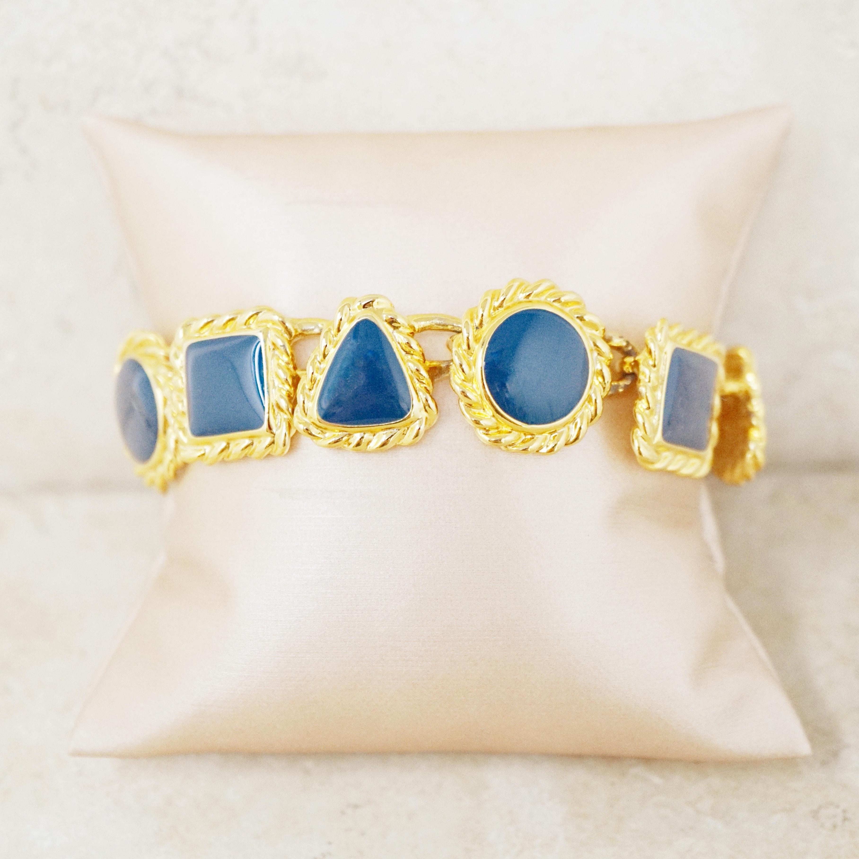 Moderne Anne Klein, bracelet vintage de formes géométriques en émail doré et bleu marine, années 1980 en vente