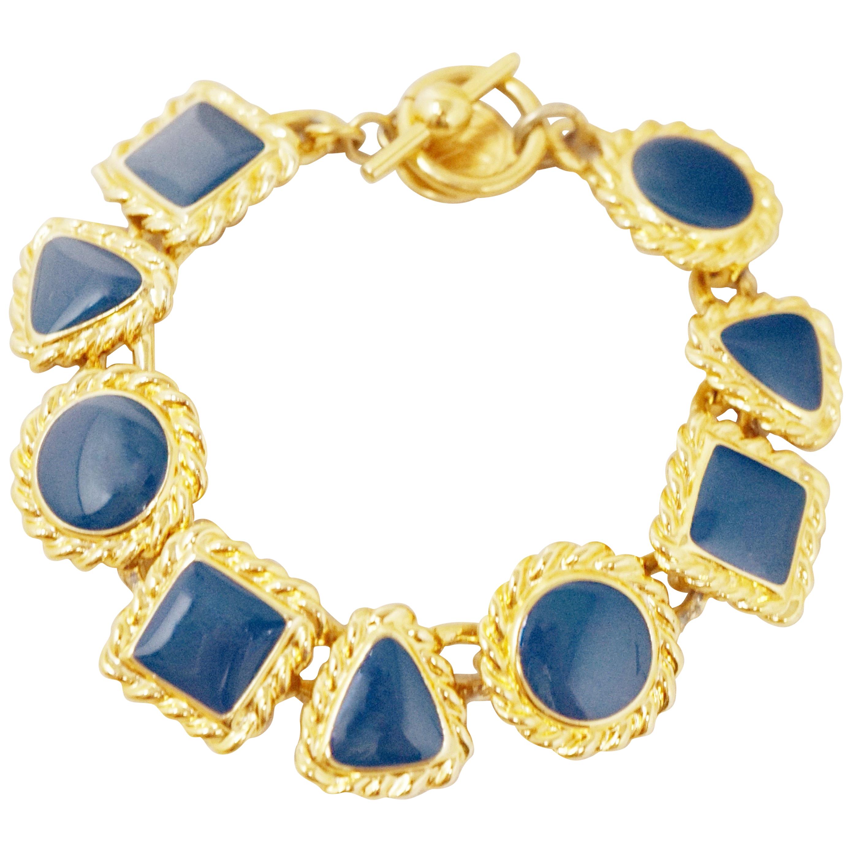 Anne Klein, bracelet vintage de formes géométriques en émail doré et bleu marine, années 1980 en vente