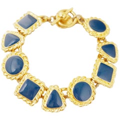 Anne Klein, bracelet vintage de formes géométriques en émail doré et bleu marine, années 1980