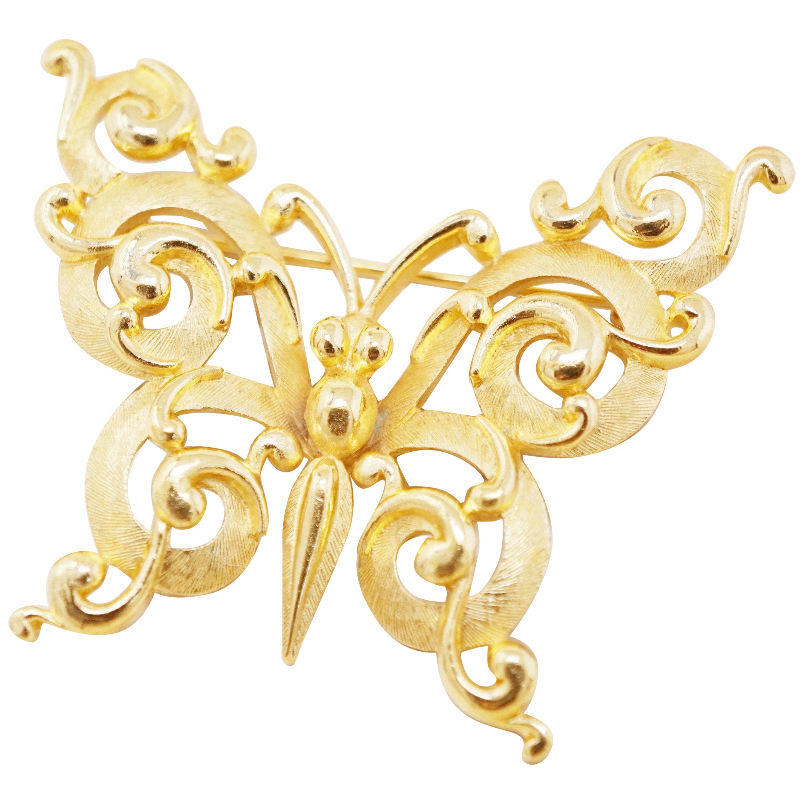 Vintage Gilt Ornate Butterfly Figural Brooch by Crown Trifari, 1960s