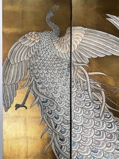 Vintage Gilt Peacock 4-Panel Folding Screen, Maitland Smith Asian Modern