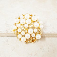 Vintage Gilt Pearl Cluster Brooch with Crystal Rhinestones by Erwin Pearl, 1980s