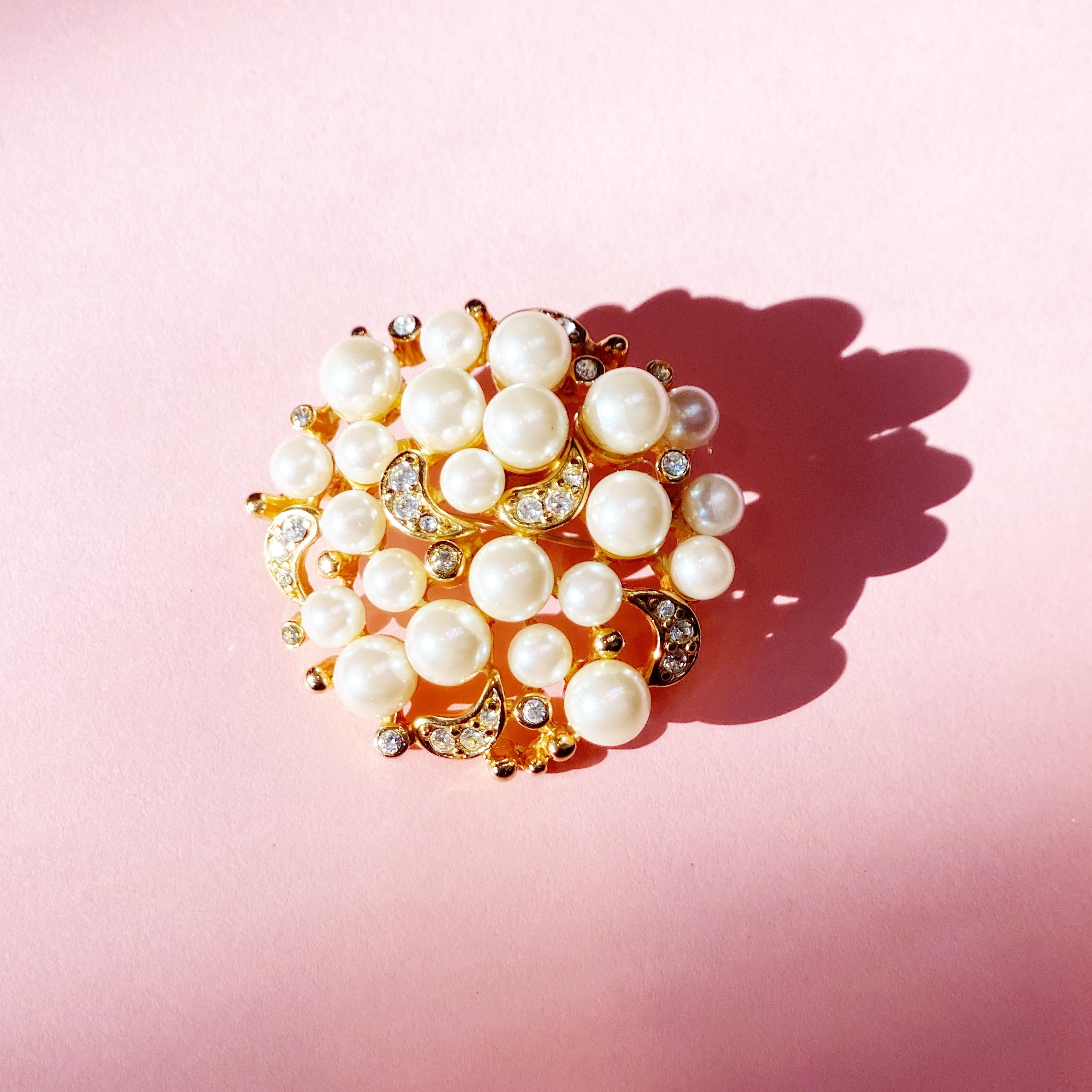 Women's Vintage Gilt Pearl Cluster Brooch with Crystal Rhinestones by Erwin Pearl, 1980s