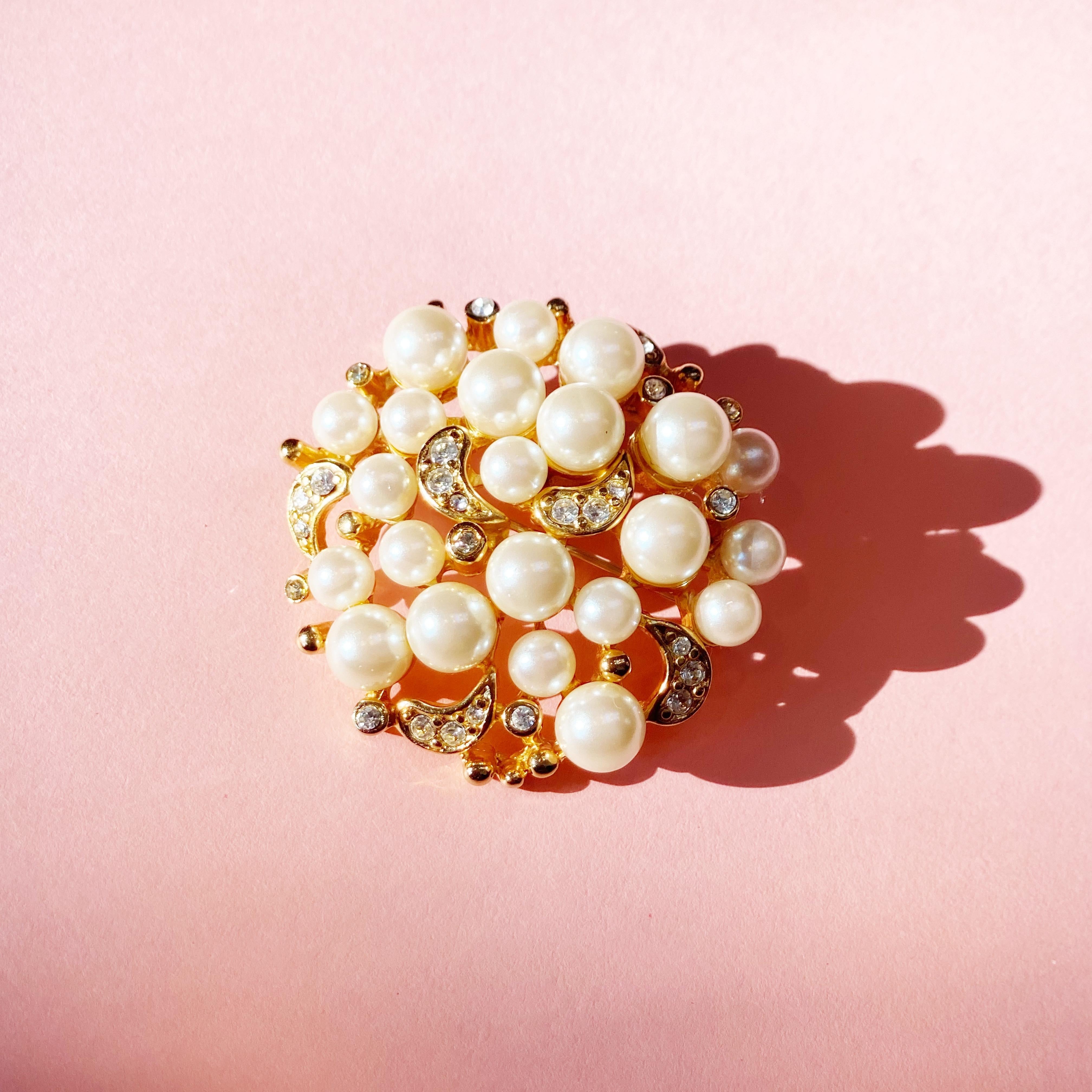 Vintage Gilt Pearl Cluster Brooch with Crystal Rhinestones by Erwin Pearl, 1980s 1