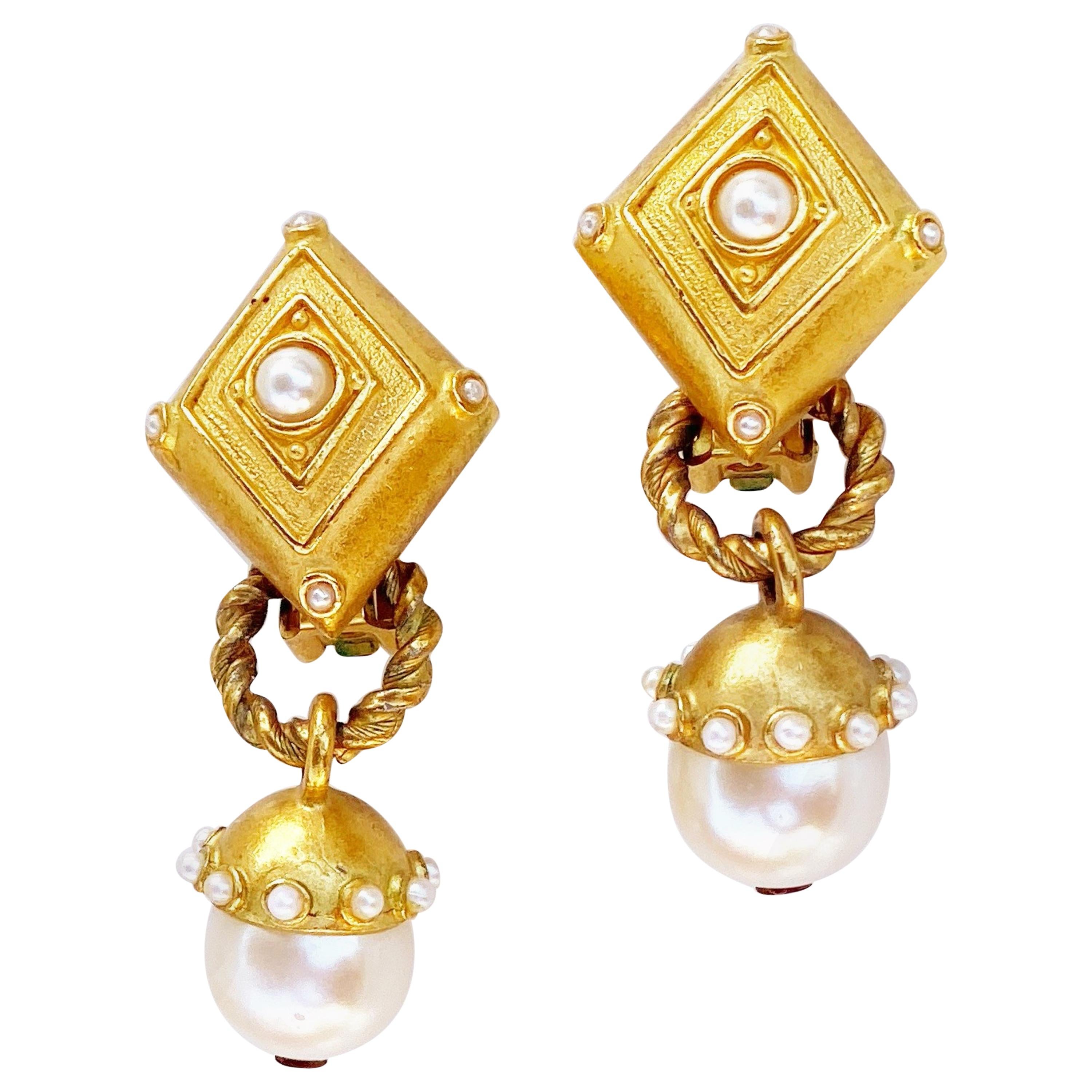 Vintage Gilt & Pearl Dangle Statement Convertible Earrings By Leslie Block, 1980