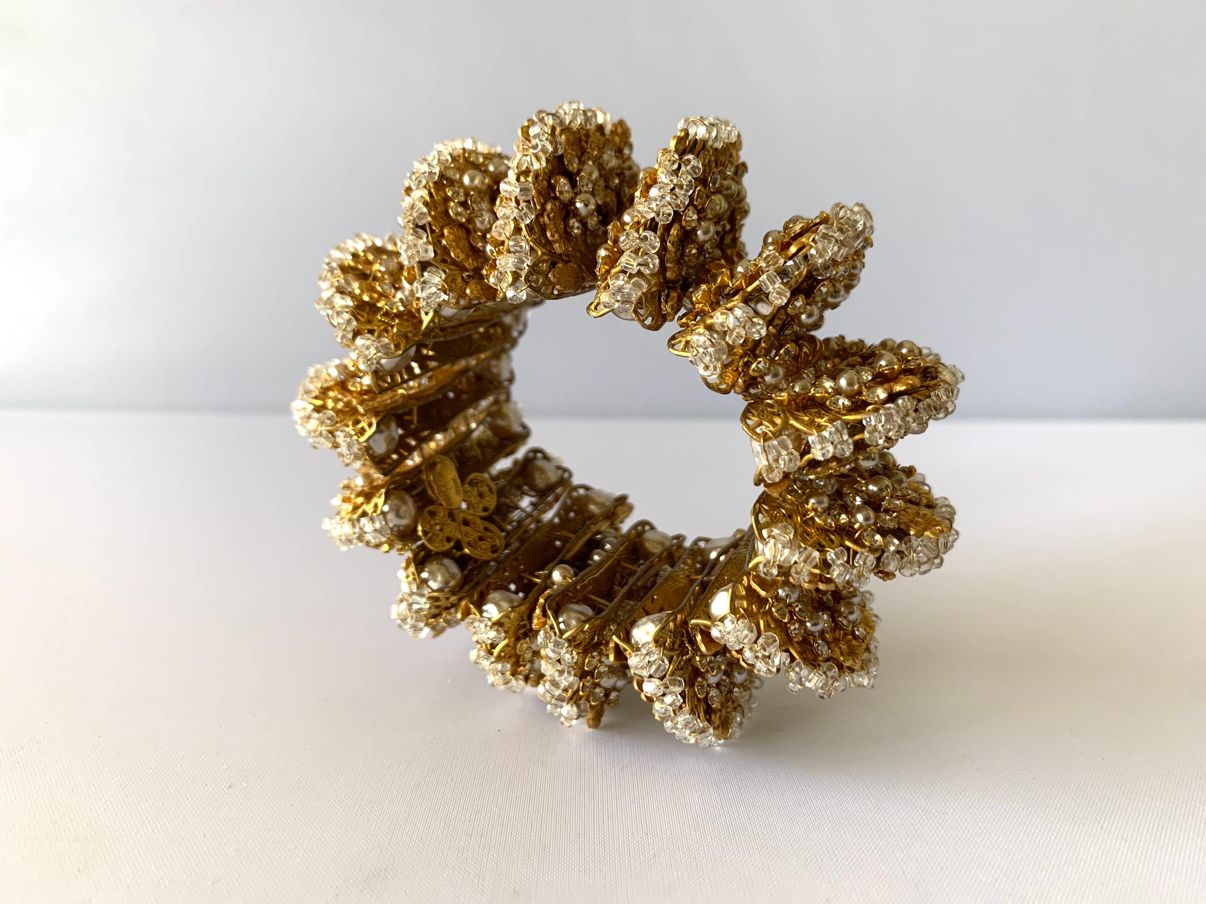 Vintage Gilt Rose Montes, Diamante, and Pearl Wrap Bracelet In Excellent Condition In Palm Springs, CA