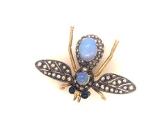 Vintage Gilt Silver Opal Diamond Sapphire Reticulated Bee Brooch