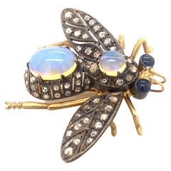 Vintage Gilt Silver Opal Diamond Sapphire Reticulated Bee Brooch