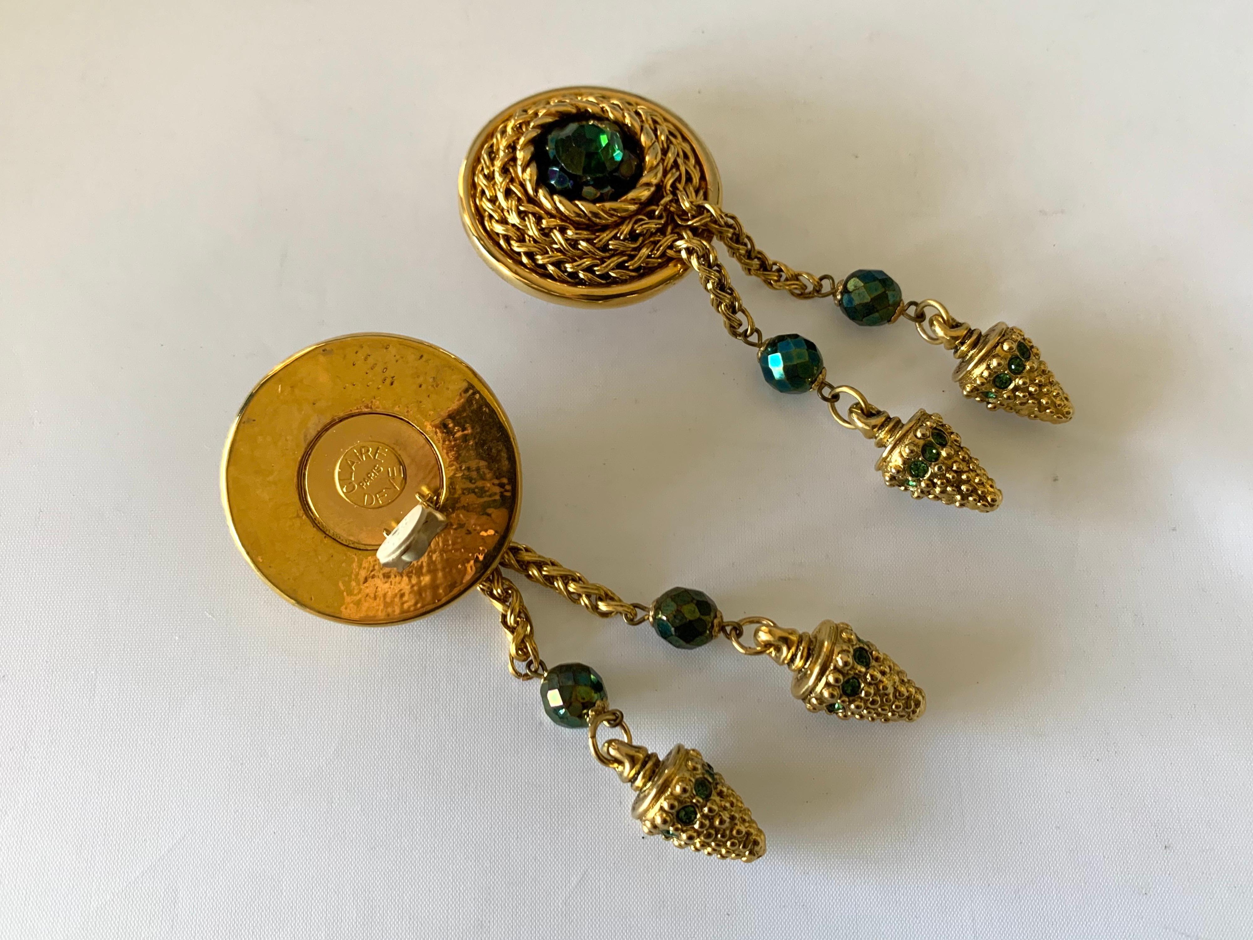 Artisan Vintage Gilt Tassel Green AB French Statement Earrings For Sale