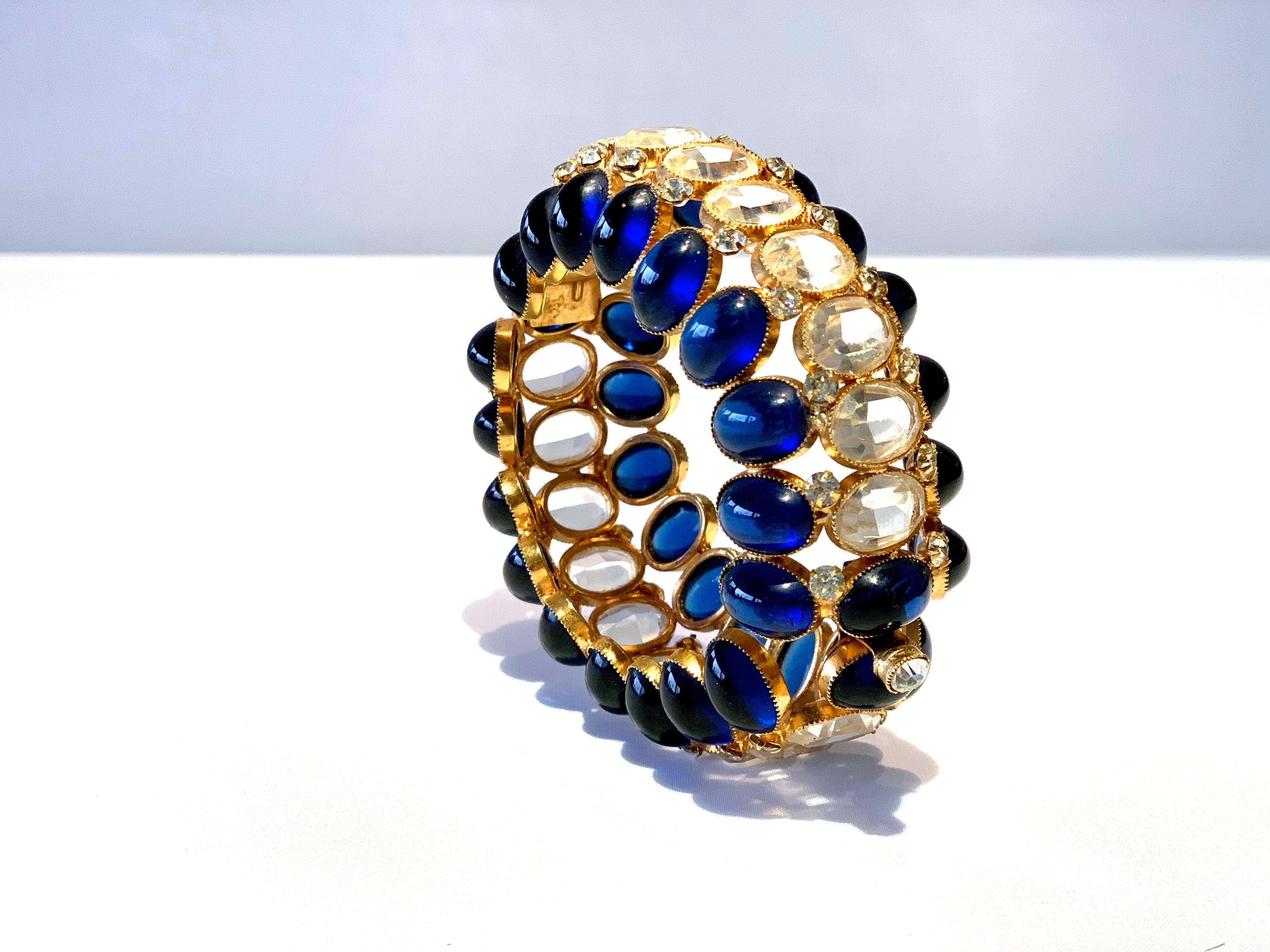 Contemporary Vintage Gilt Textured Sapphire Diamanté Statement Bracelet 