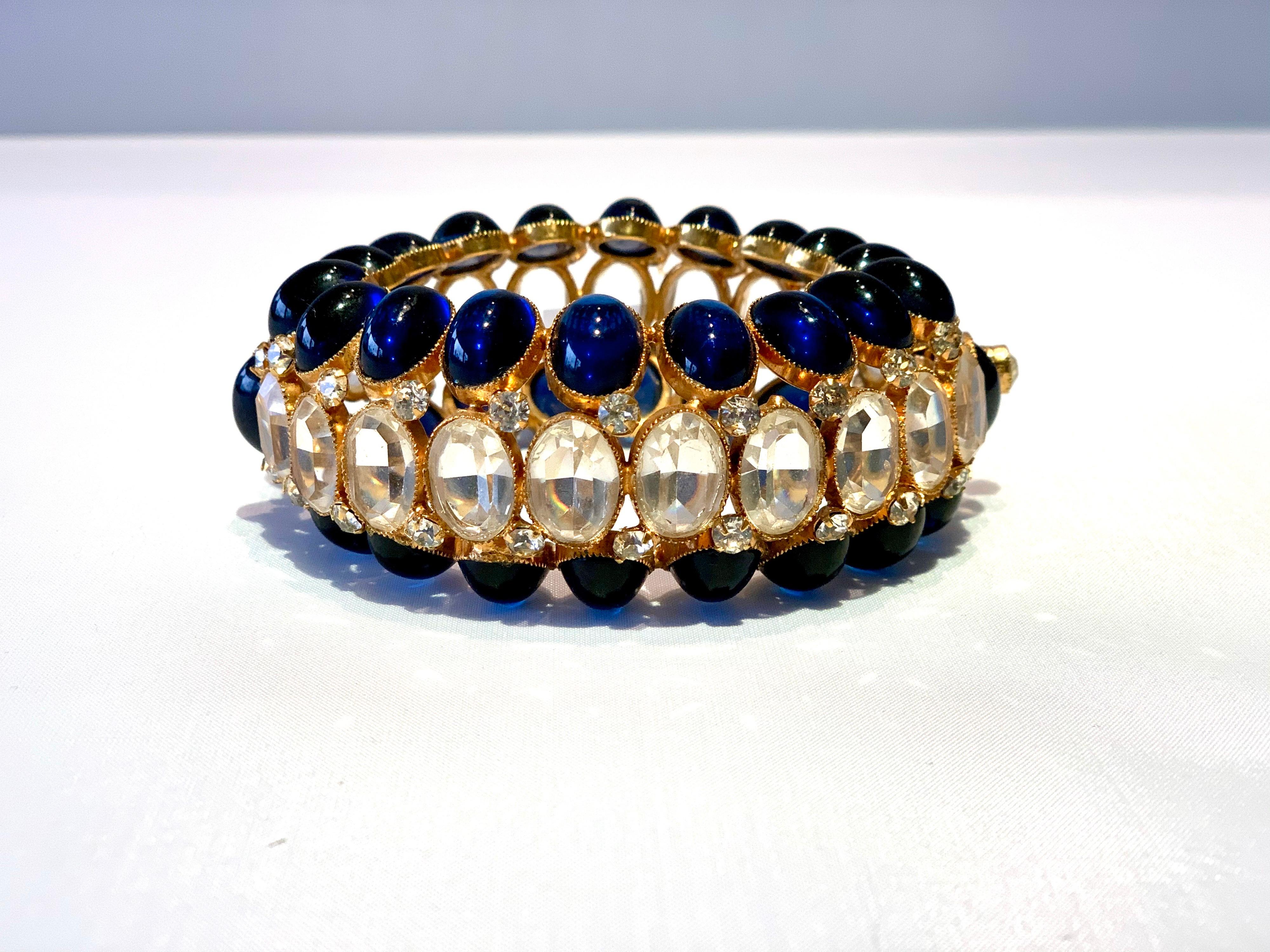 Women's Vintage Gilt Textured Sapphire Diamanté Statement Bracelet 
