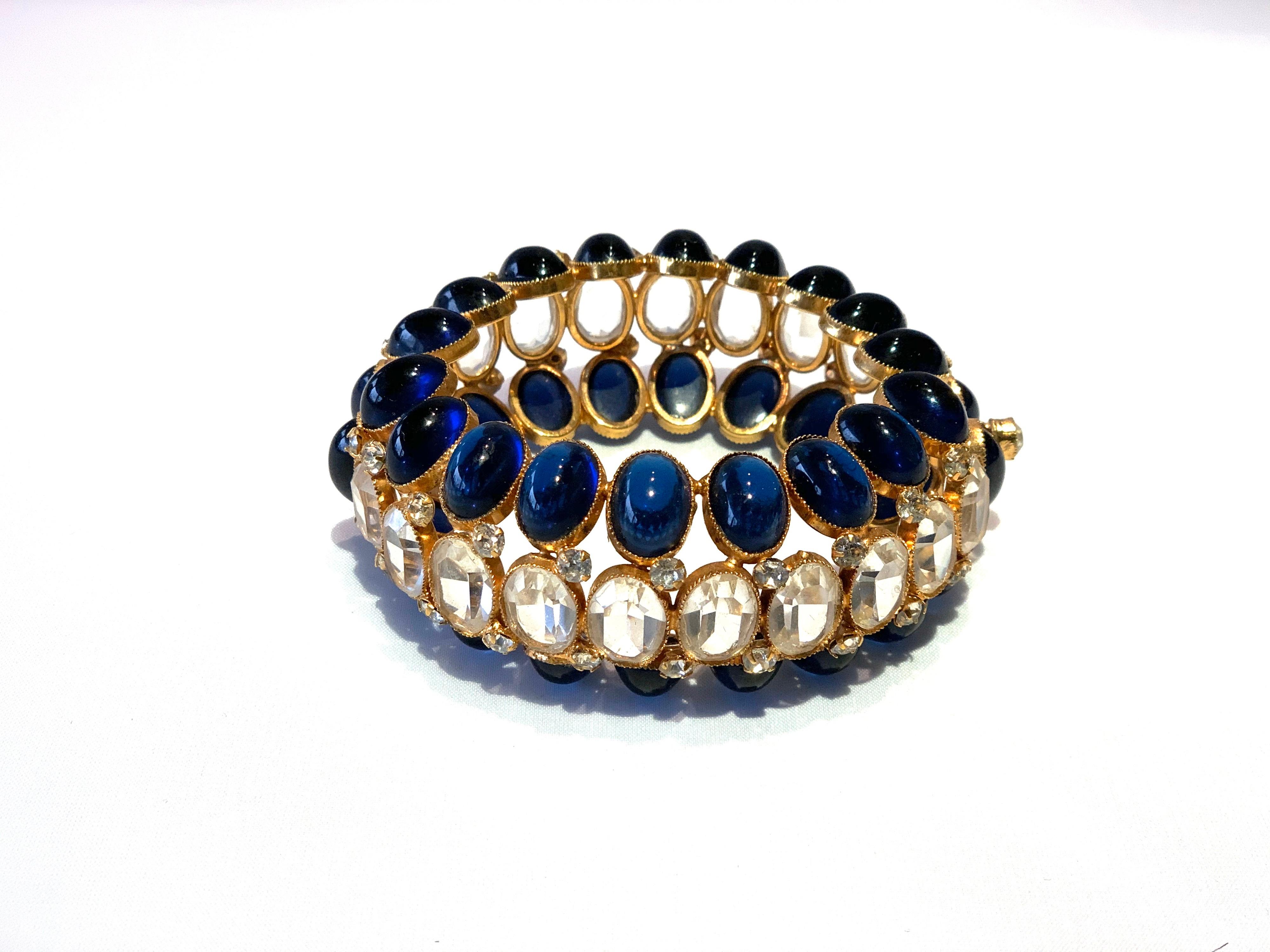 Vintage Gilt Textured Sapphire Diamanté Statement Bracelet  1