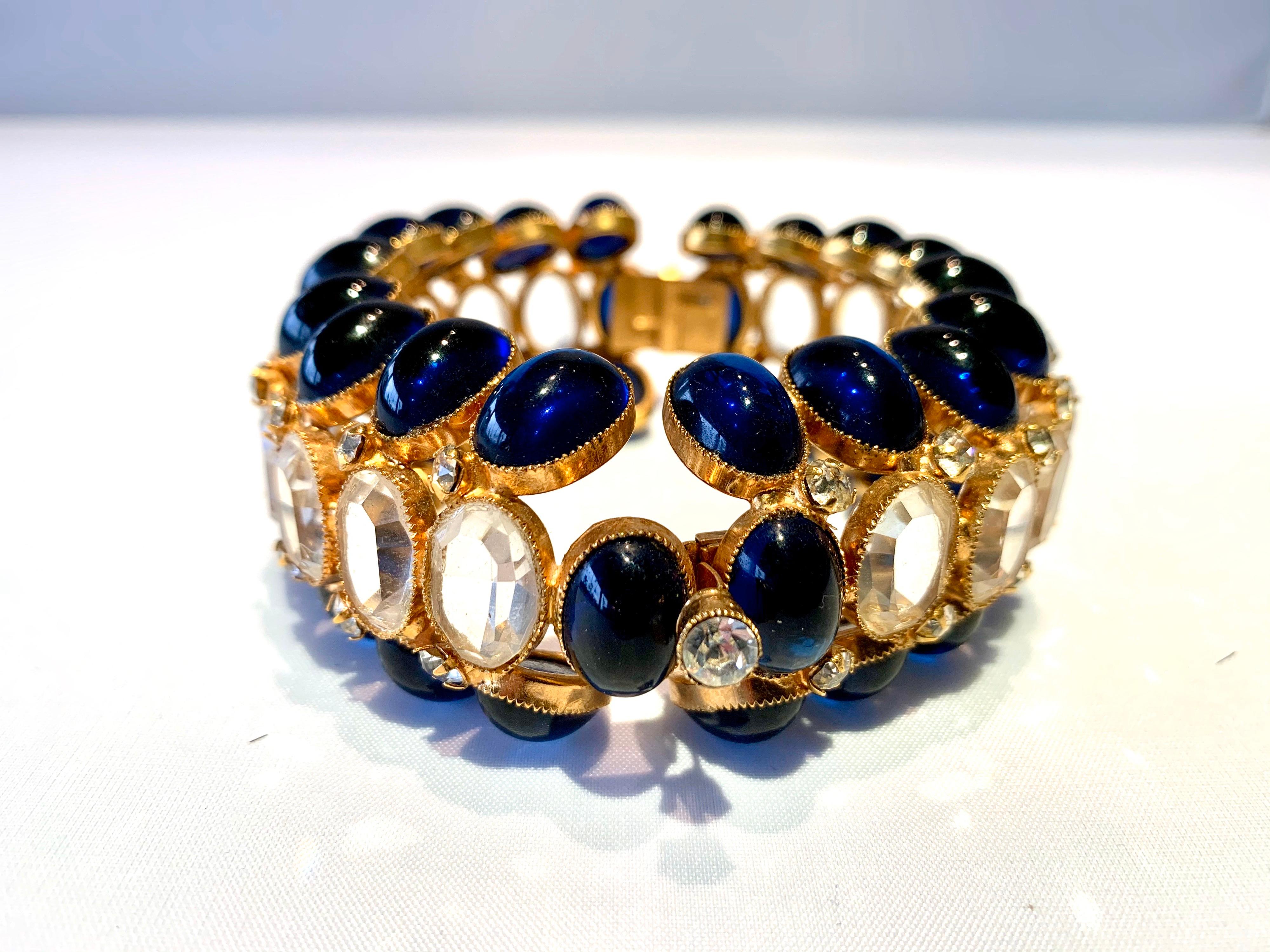 Vintage Gilt Textured Sapphire Diamanté Statement Bracelet  2