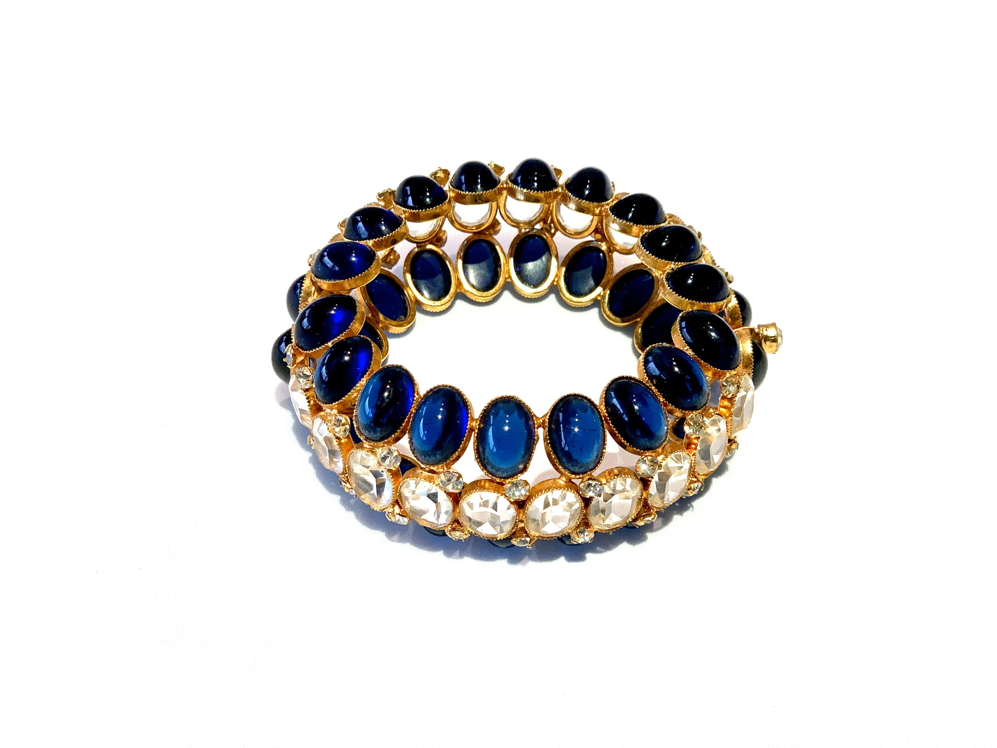 Vintage Gilt Textured Sapphire Diamanté Statement Bracelet  3