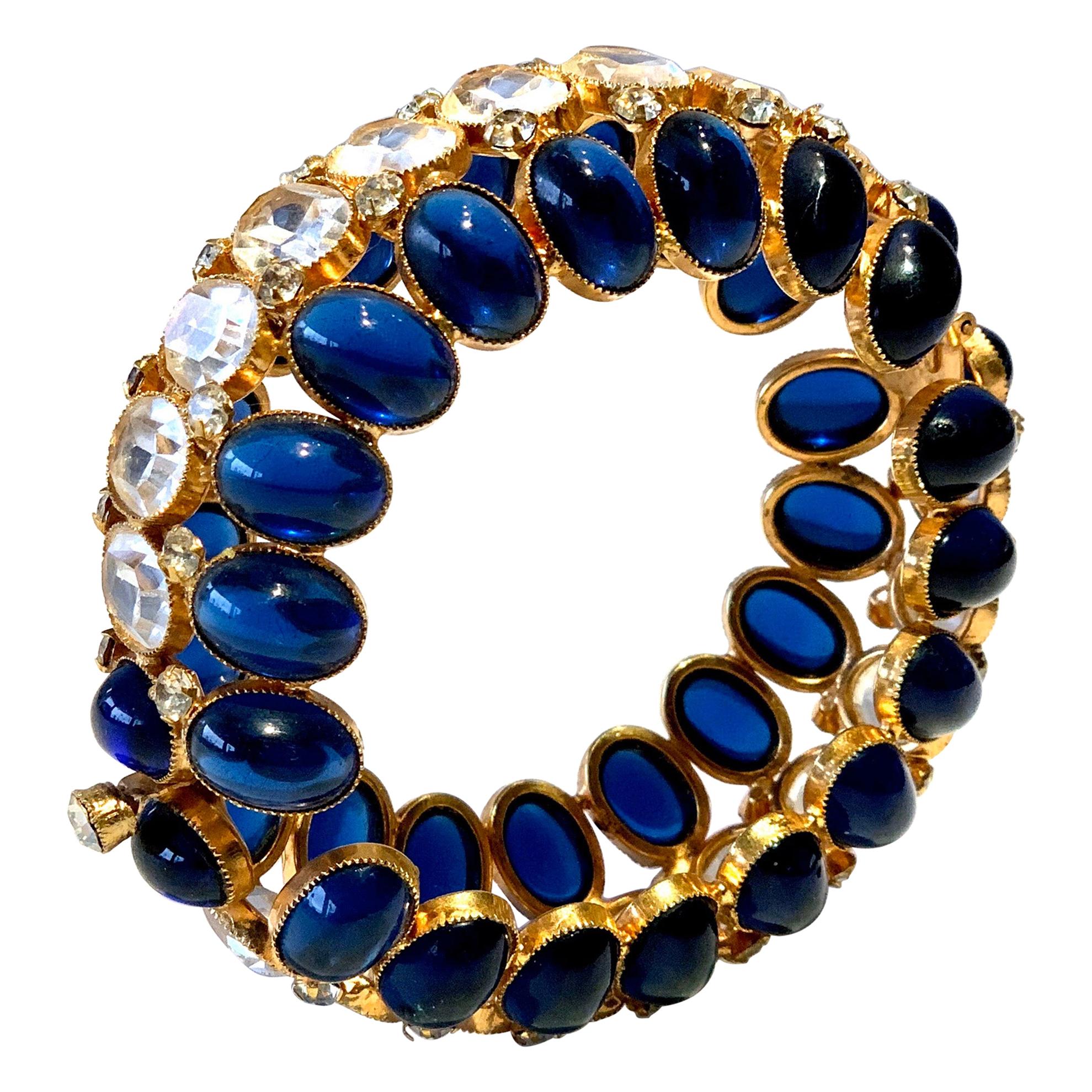 Vintage Gilt Textured Sapphire Diamanté Statement Bracelet 