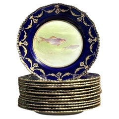 Vintage Gilt Tipped Doulton Burslem Fish Plates - Set of 12