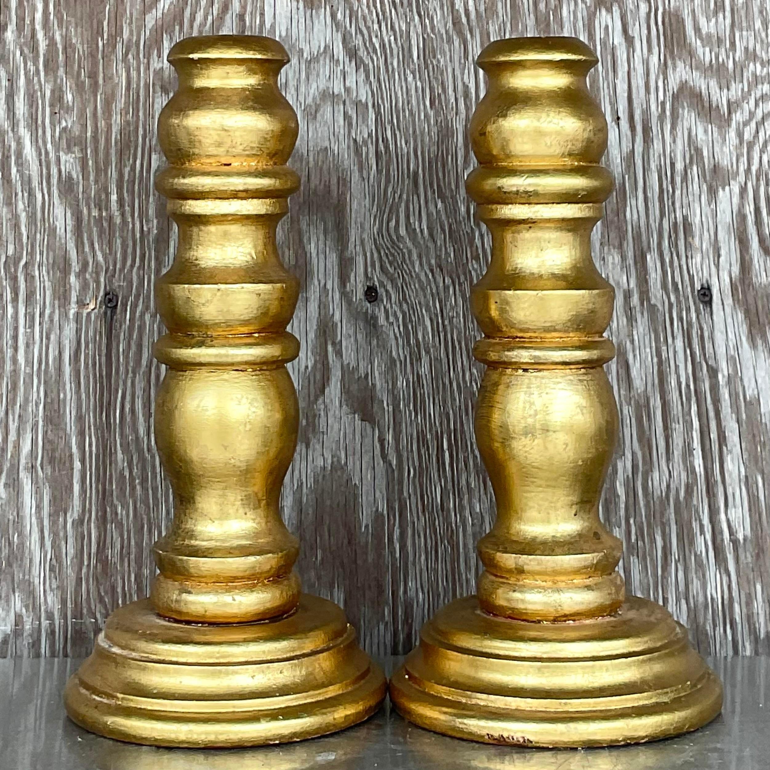 Vintage Gilt Turned Wood Candlesticks- a Pair In Good Condition For Sale In west palm beach, FL
