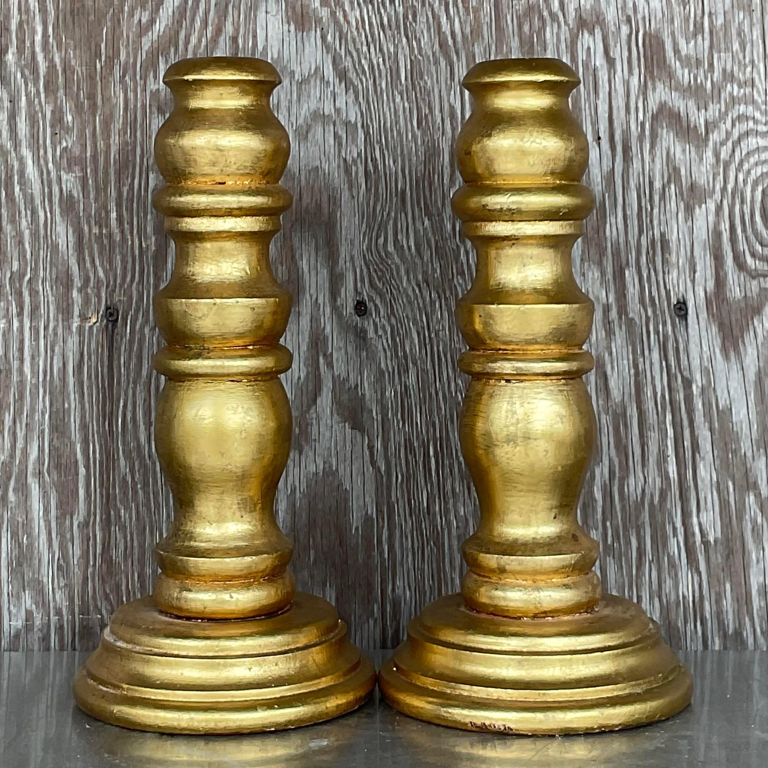 20th Century Vintage Gilt Turned Wood Candlesticks- a Pair For Sale