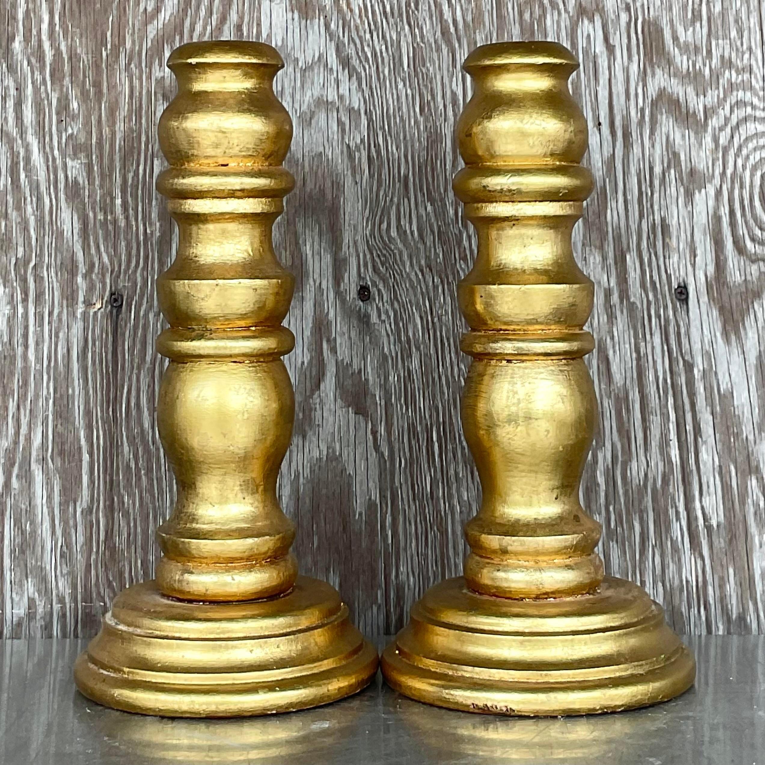 Gold Vintage Gilt Turned Wood Candlesticks- a Pair For Sale