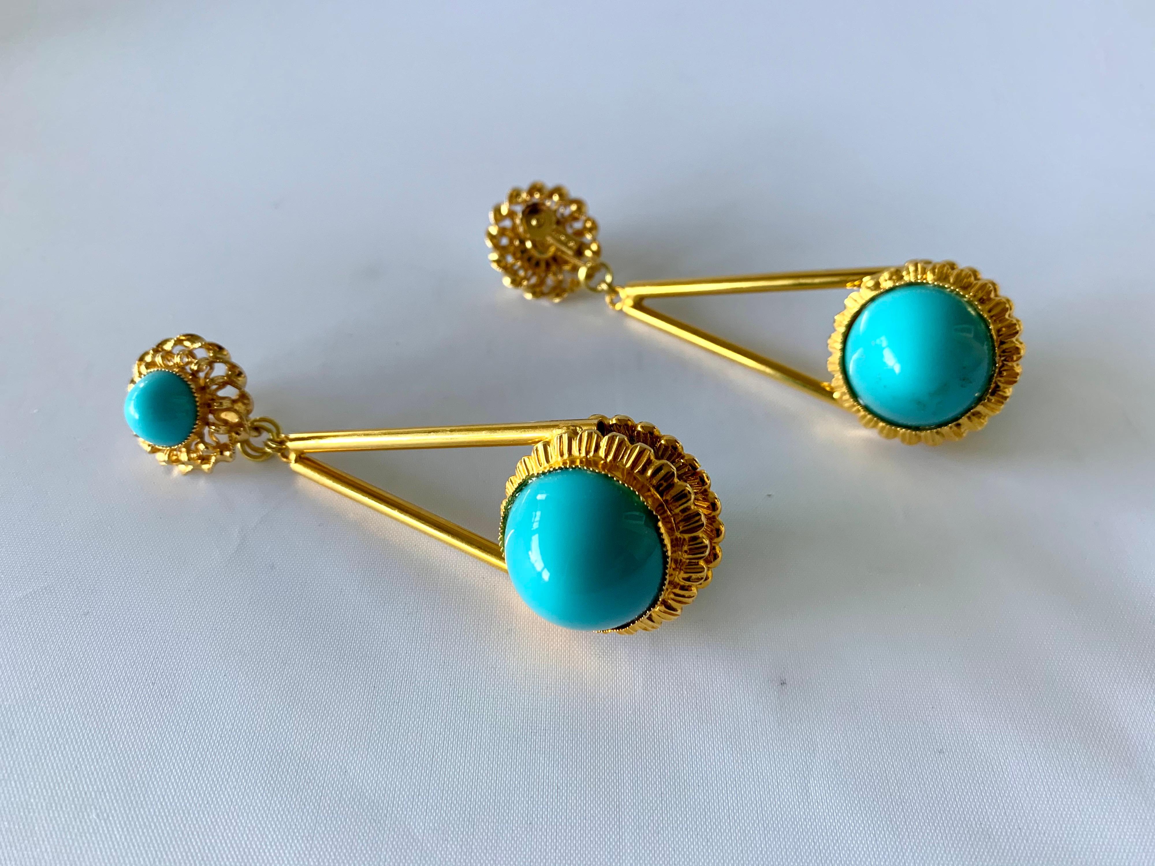 Modern Vintage Gilt Turquoise Chandelier Statement Earrings 