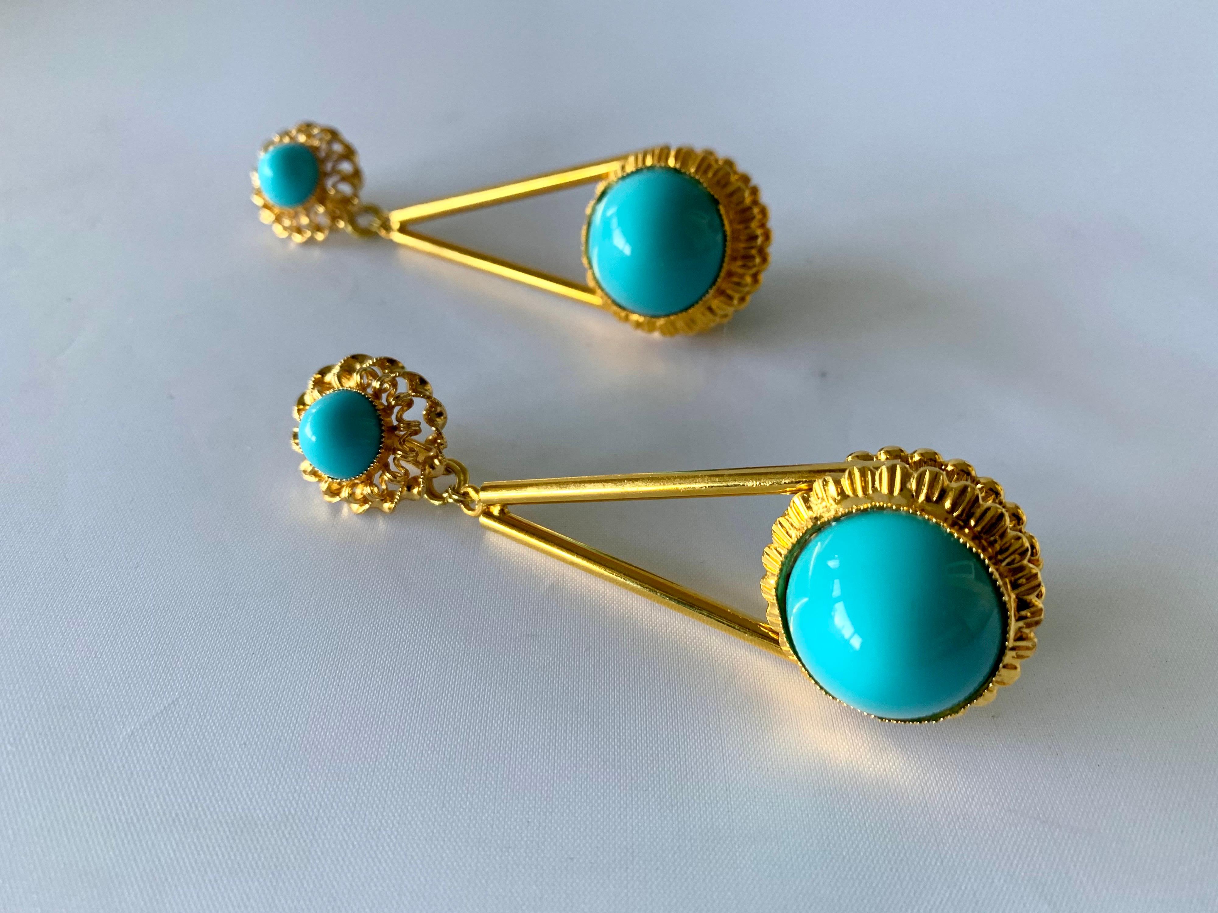 Bead Vintage Gilt Turquoise Chandelier Statement Earrings 