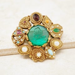 Vintage Gilt Victorian Revival Brooch with Green Glass Cameo by Goldette, 1960s