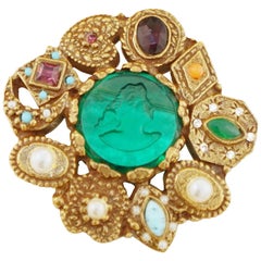 Vintage Gilt Victorian Revival Brooch with Green Glass Cameo by Goldette, 1960s