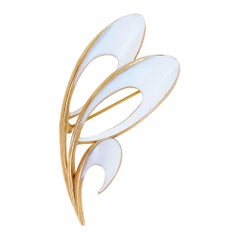 Vintage Gilt & White Enamel Abstract Brooch By Crown Trifari, 1960s