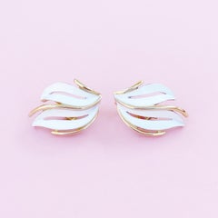 Vintage Gilt & White Enamel Abstract Leaf Earrings By Crown Trifari, 1960s