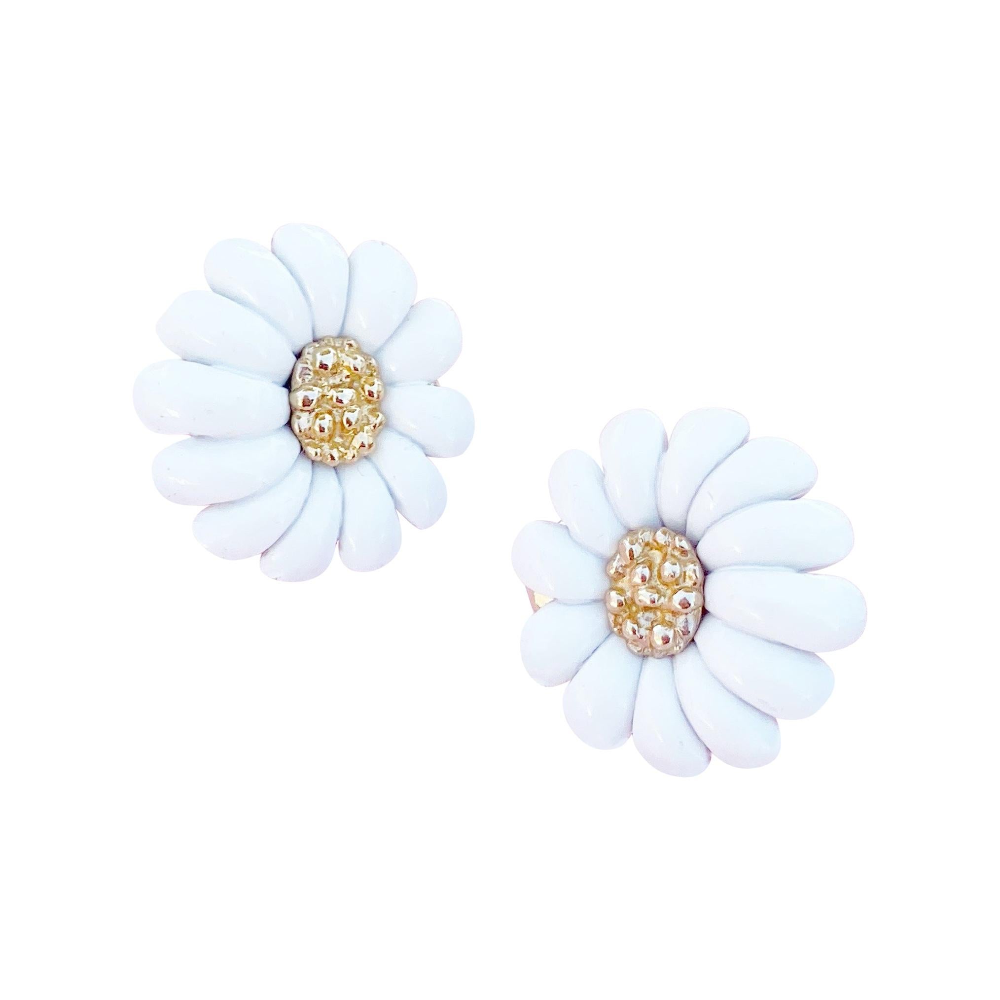 Vintage Gilt & White Enamel Daisy Flower Figural Earrings By Monet, 1960s